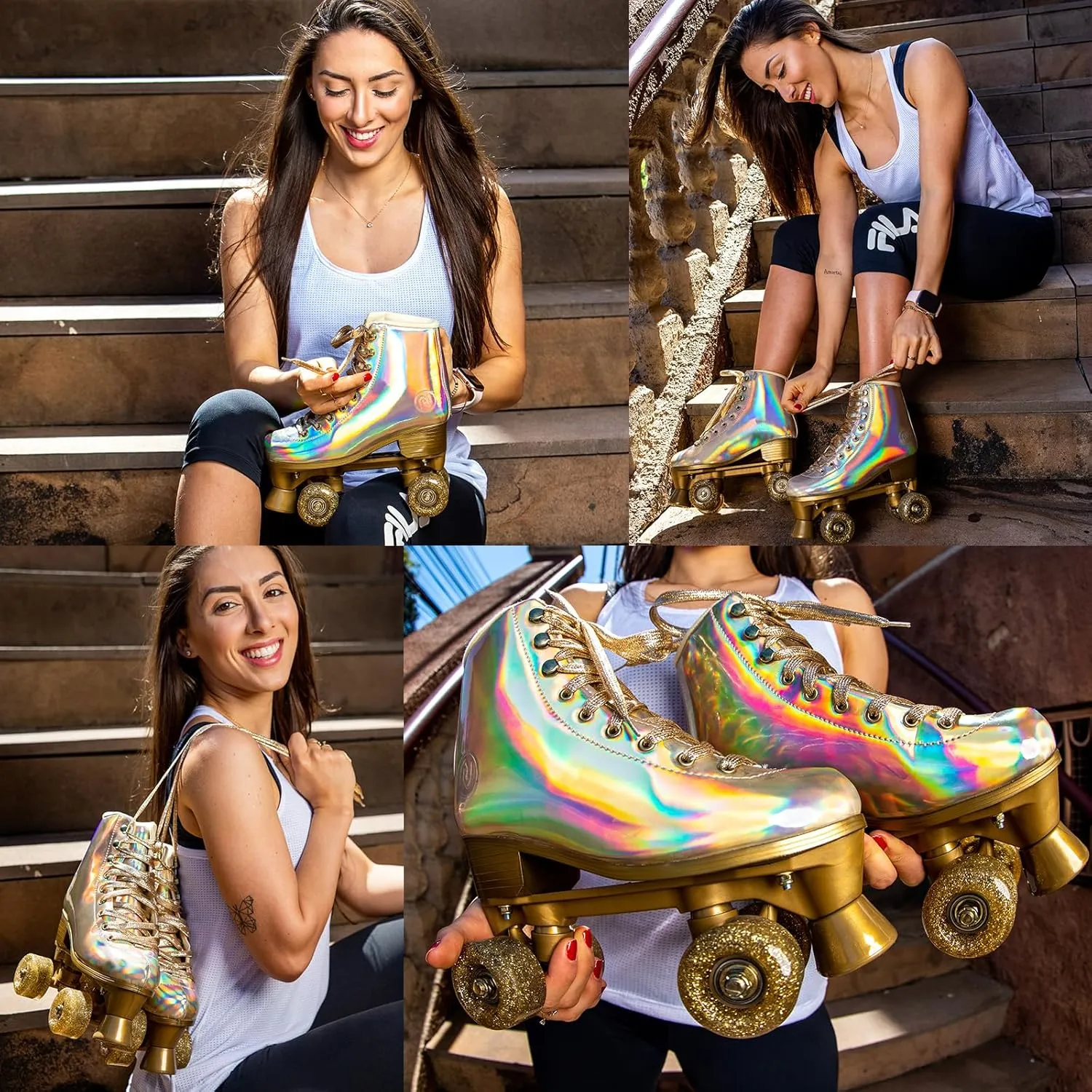 JajaHoho Roller Skates for Women, Holographic High Top PU Leather Rollerskates, Shiny Double-Row Four Wheels Quad Skates for Girls and Age 8-50 Indoor Outdoor (Gold)