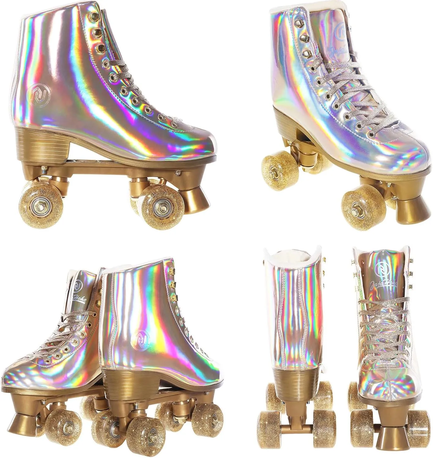 JajaHoho Roller Skates for Women, Holographic High Top PU Leather Rollerskates, Shiny Double-Row Four Wheels Quad Skates for Girls and Age 8-50 Indoor Outdoor (Gold)