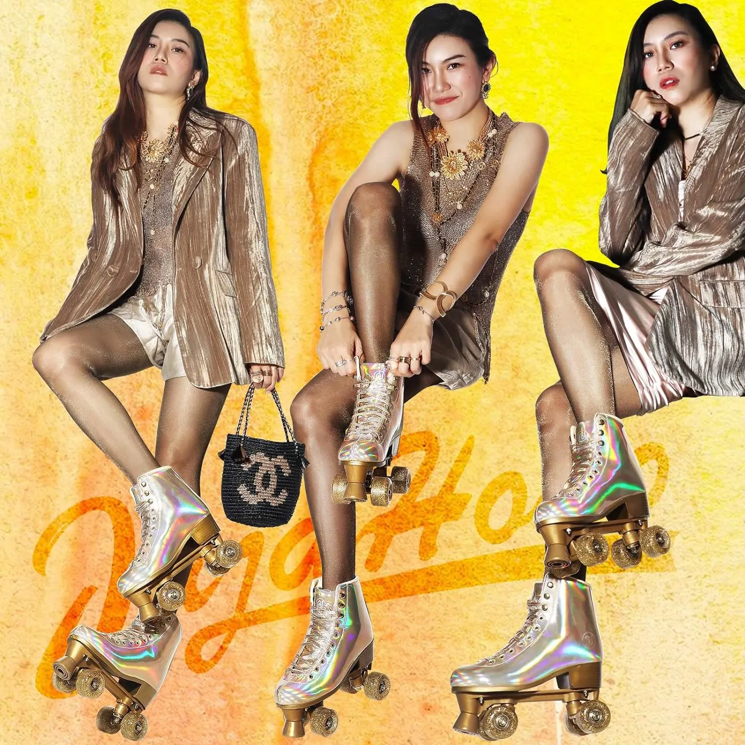 JajaHoho Roller Skates for Women, Holographic High Top PU Leather Rollerskates, Shiny Double-Row Four Wheels Quad Skates for Girls and Age 8-50 Indoor Outdoor (Gold)
