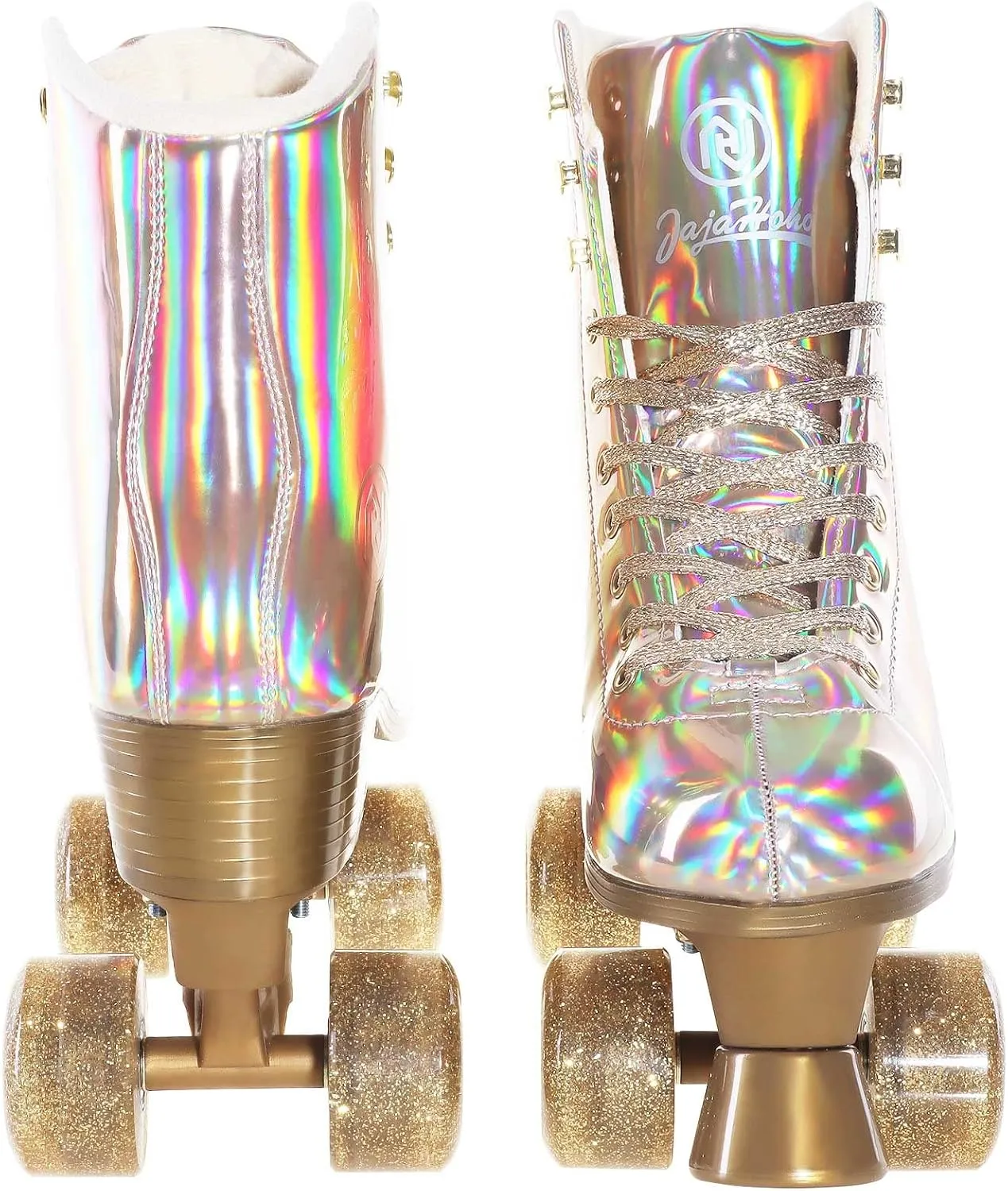 JajaHoho Roller Skates for Women, Holographic High Top PU Leather Rollerskates, Shiny Double-Row Four Wheels Quad Skates for Girls and Age 8-50 Indoor Outdoor (Gold)