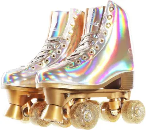 JajaHoho Roller Skates for Women, Holographic High Top PU Leather Rollerskates, Shiny Double-Row Four Wheels Quad Skates for Girls and Age 8-50 Indoor Outdoor (Gold)