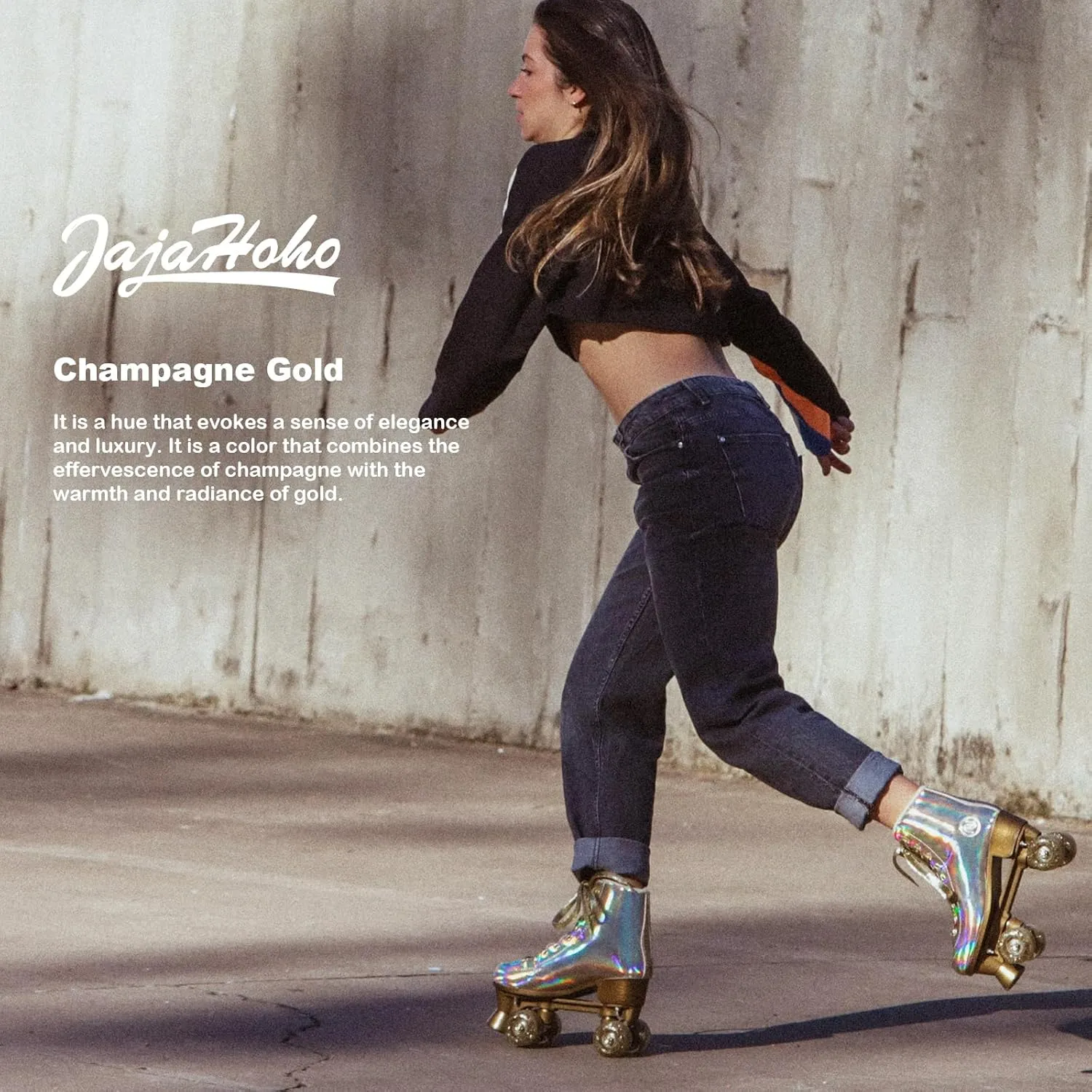 JajaHoho Roller Skates for Women, Holographic High Top PU Leather Rollerskates, Shiny Double-Row Four Wheels Quad Skates for Girls and Age 8-50 Indoor Outdoor (Gold)