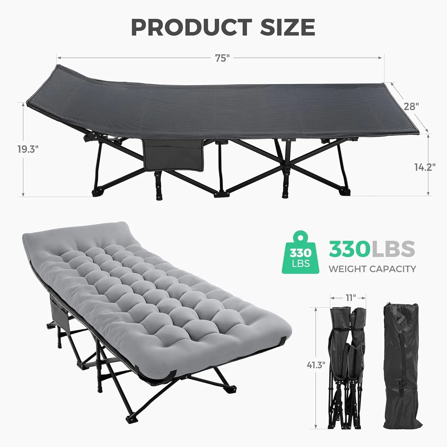 JEAREY Folding Camping Cot,Camping Cots for Adults with Mattress, Camping Portable Bed with Carry Bag for for Guest,Travel,Hiking,Light Gray