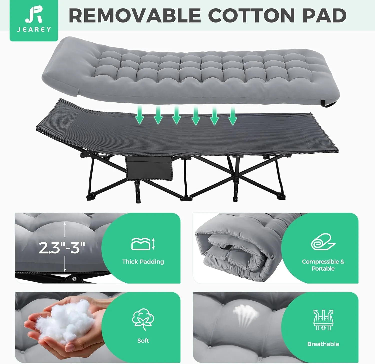 JEAREY Folding Camping Cot,Camping Cots for Adults with Mattress, Camping Portable Bed with Carry Bag for for Guest,Travel,Hiking,Light Gray
