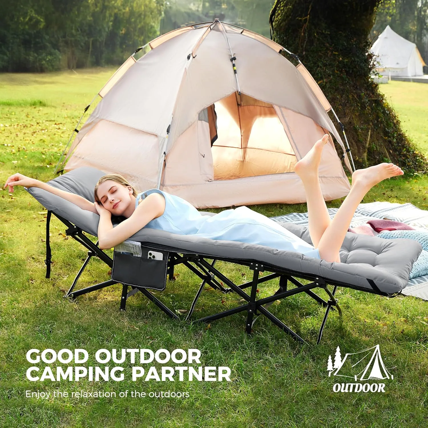 JEAREY Folding Camping Cot,Camping Cots for Adults with Mattress, Camping Portable Bed with Carry Bag for for Guest,Travel,Hiking,Light Gray