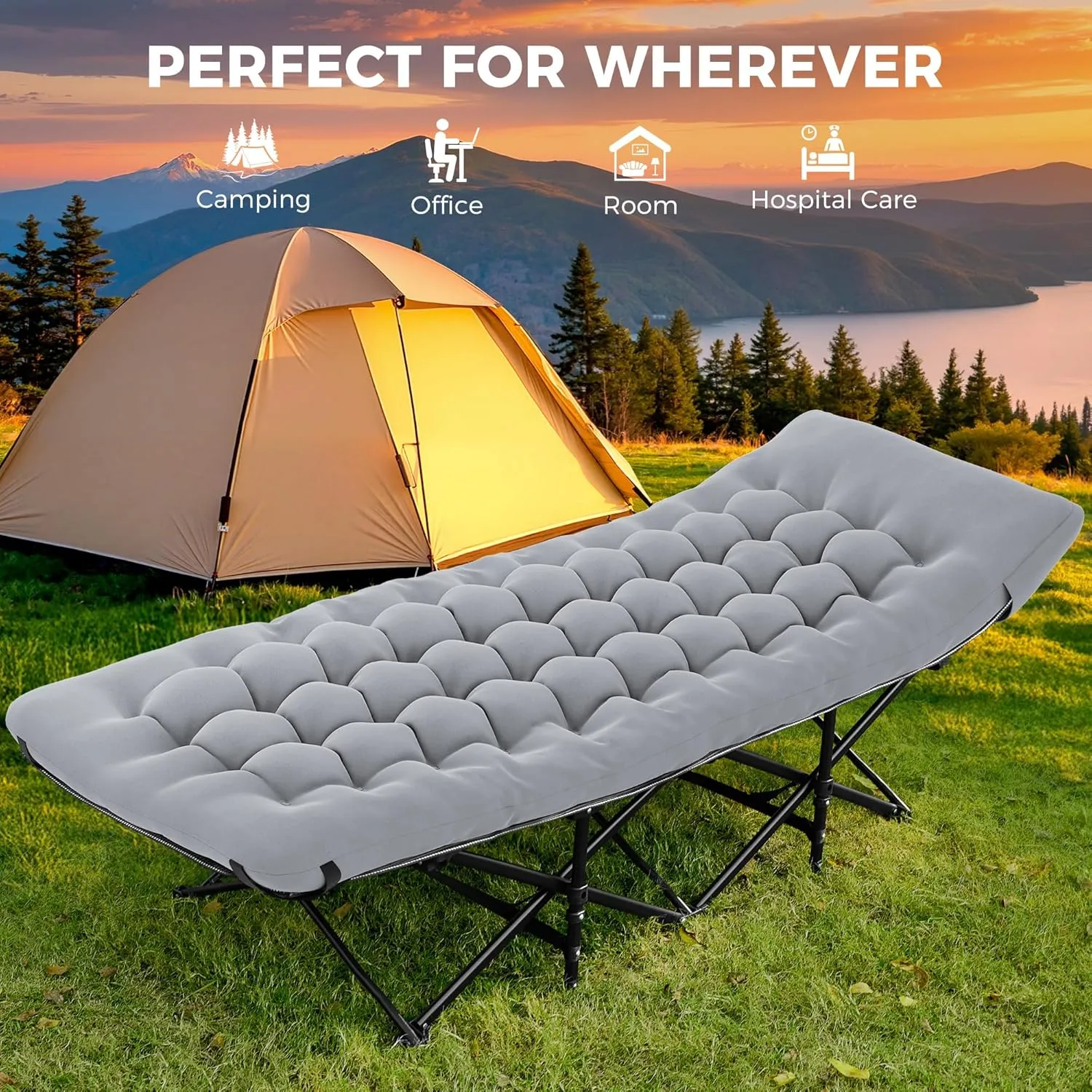 JEAREY Folding Camping Cot,Camping Cots for Adults with Mattress, Camping Portable Bed with Carry Bag for for Guest,Travel,Hiking,Light Gray
