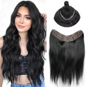 Jet Black Hair Extensions - V Shape Clip in Human Hair, 14 Inch, Adding Volume & Silky Straight Real Hair Extensions