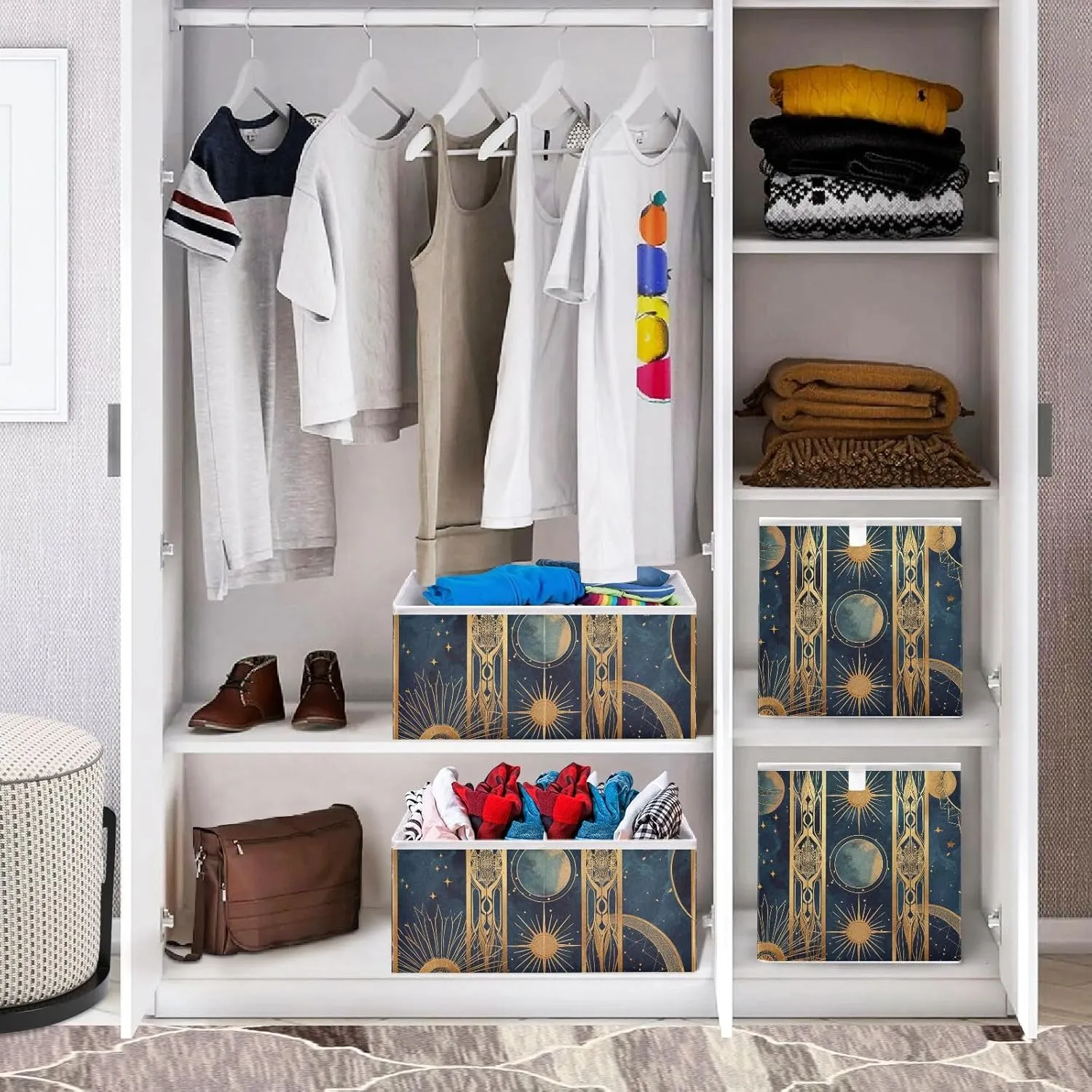JIPONI Magic Stars and Sun Foldable Storage Bins Baskets, Storage Cube Box Organizers for Toys, Clothes, Closet, Shelves 16x11x7 In