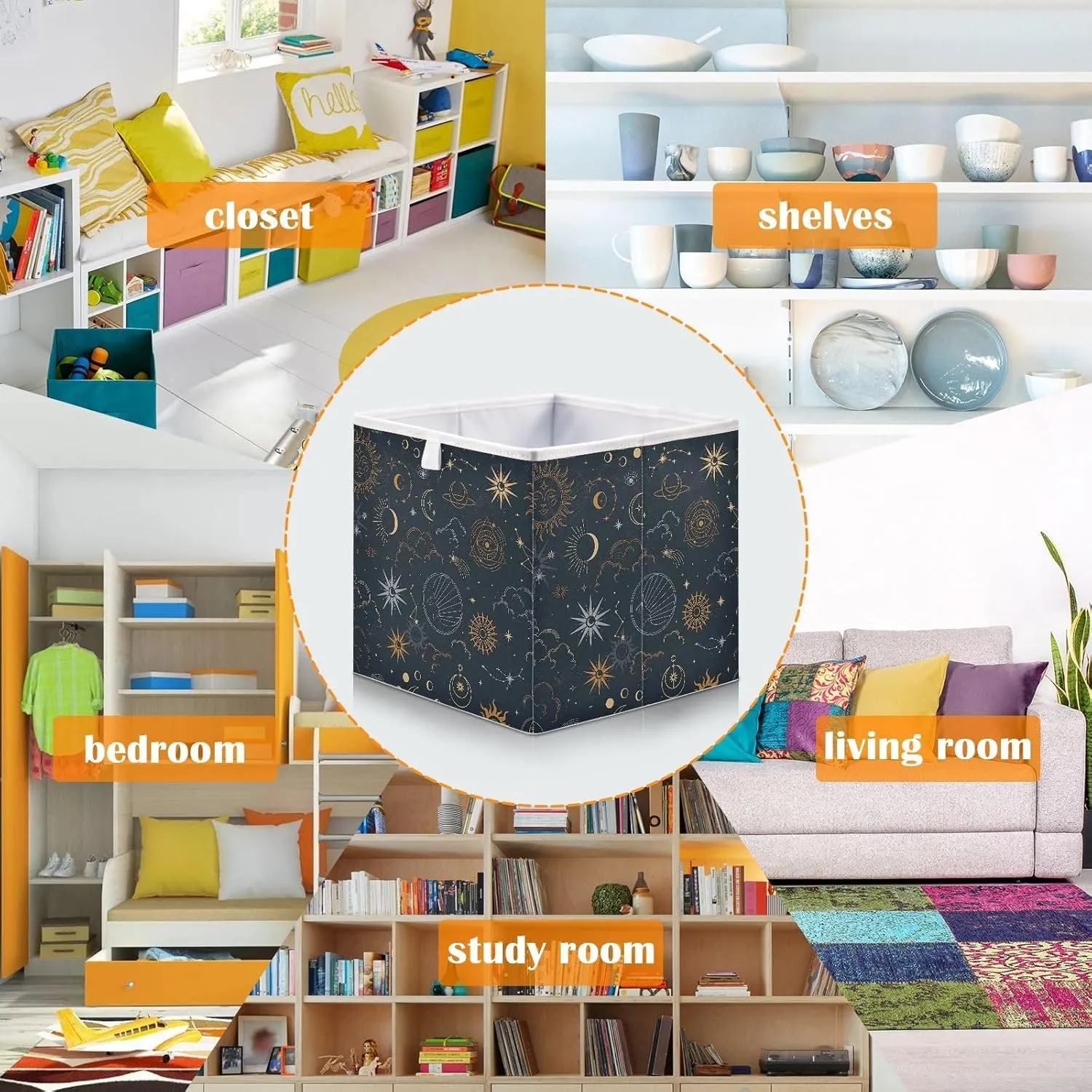 JIPONI Suns Moons Stars Magic Foldable Storage Bins Baskets, Cube Storage Box Organizers for Toys, Clothes, Closet, Shelves 11x11 In