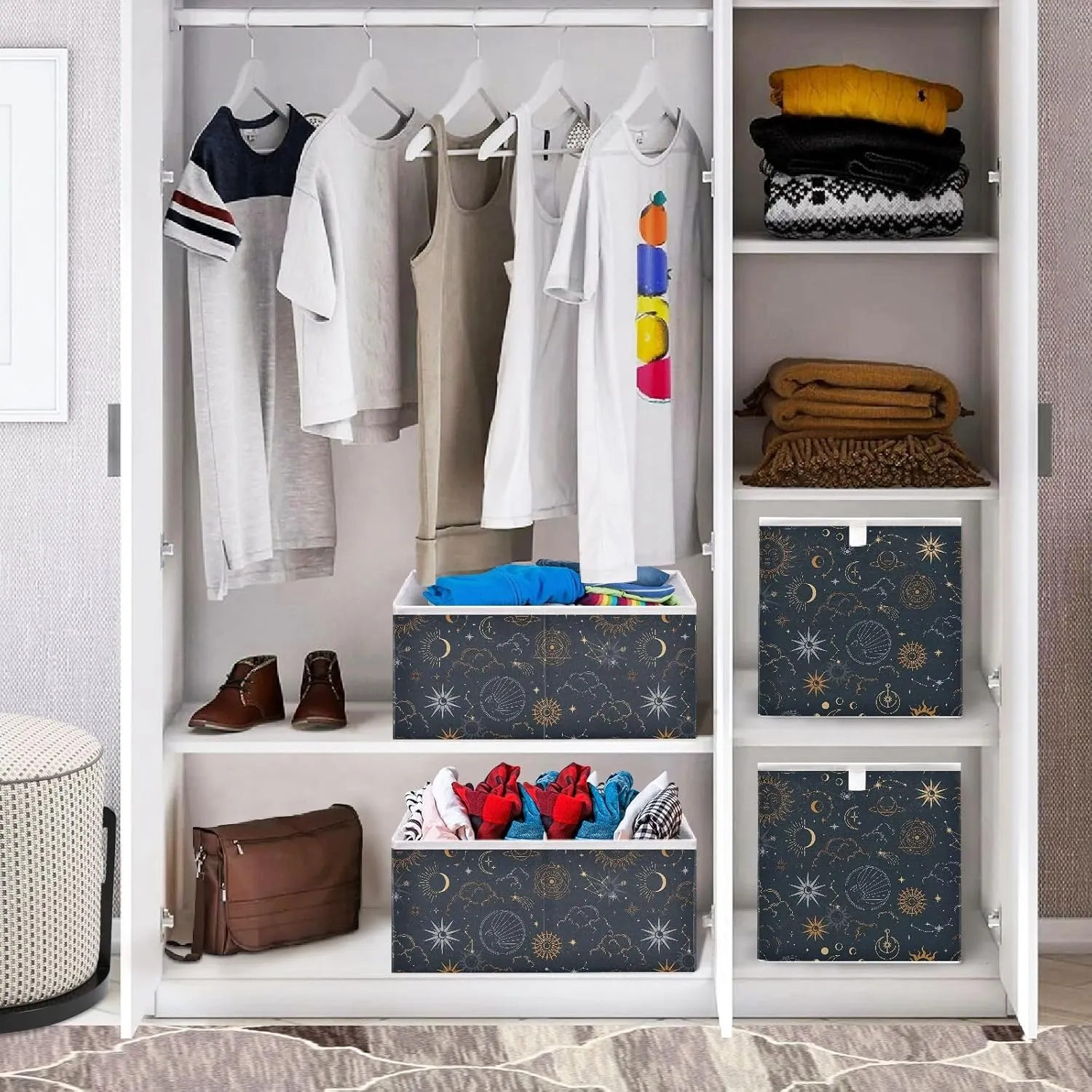 JIPONI Suns Moons Stars Magic Foldable Storage Bins Baskets, Cube Storage Box Organizers for Toys, Clothes, Closet, Shelves 11x11 In