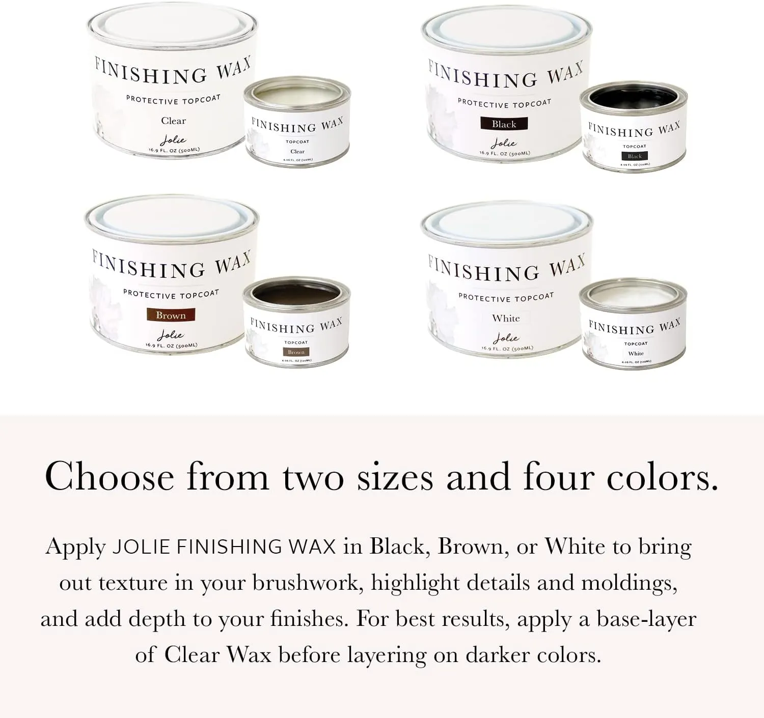 Jolie Finishing Wax - Protective topcoat Paint - Use on interior furniture, cabinets, walls, home decor and accessories - Odor-Free, Non-Hazardous - Clear - 120 ml