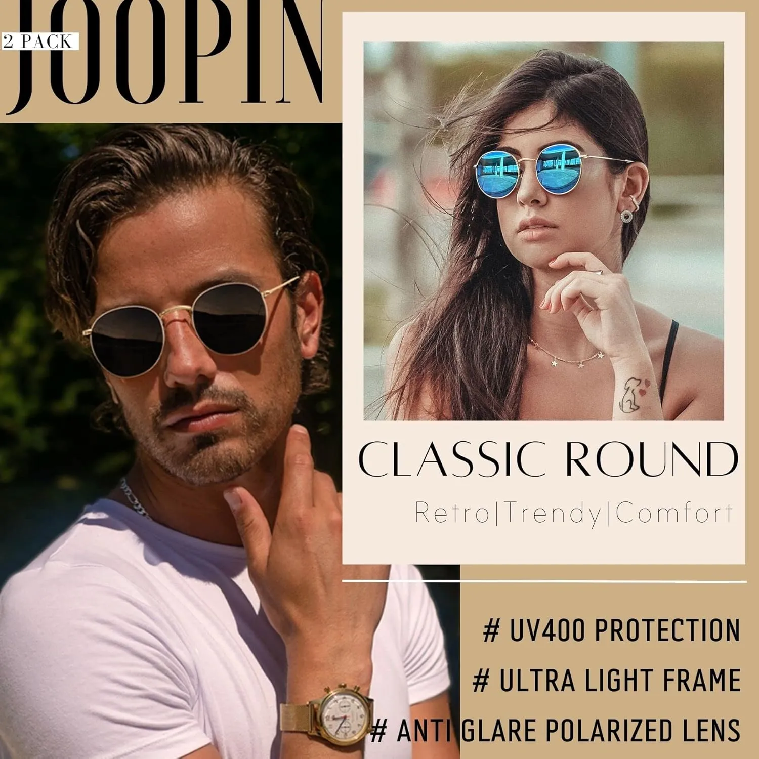 Joopin Vintage Round Sunglasses for Women, Retro Trendy Polarized Sun Glasses UV400 Protection, Circle Shades Men Sunnies