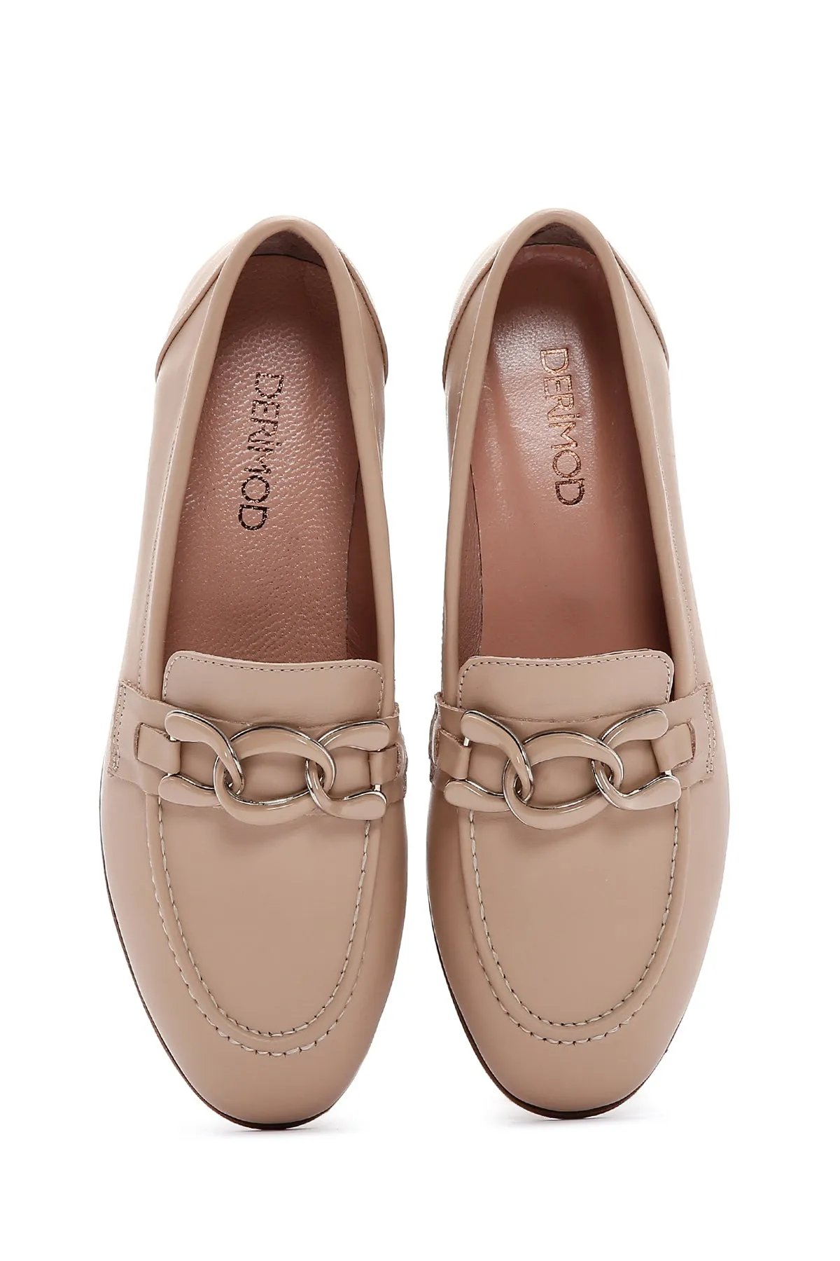 Kadın Bej Deri Tokalı Klasik Loafer