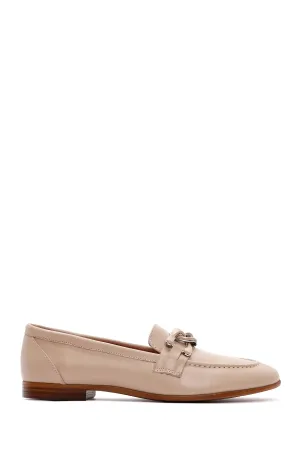 Kadın Bej Deri Tokalı Klasik Loafer