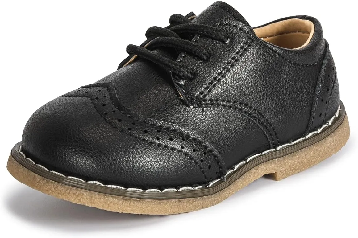 Kannior Boys Girls Oxford PU Leather Shoes Little Kid Wedding Dress Shoes Toddler Lace Up Non-Slip Texture Sole Loafer Flats Classic School Uniform Walking Shoes
