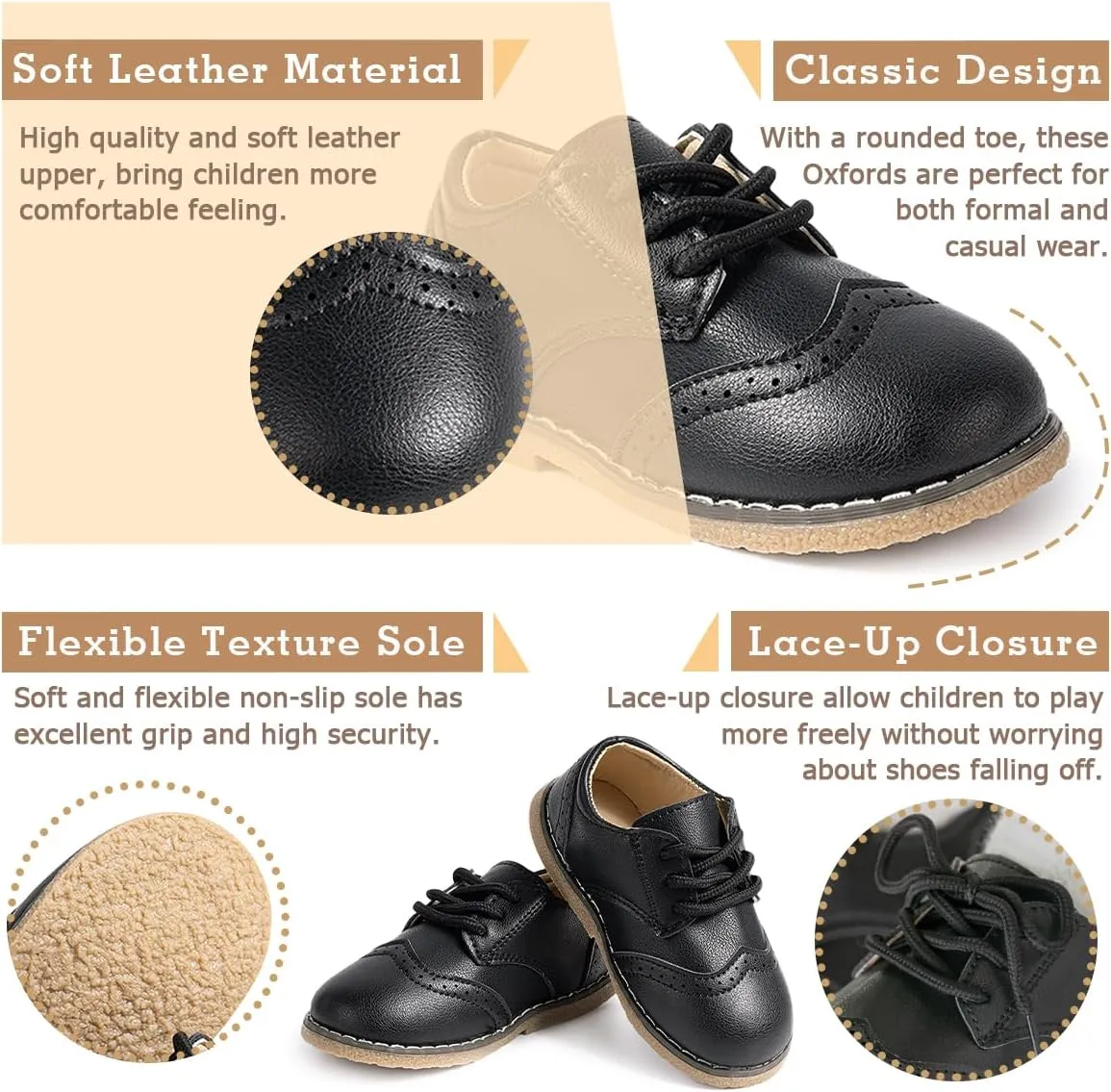 Kannior Boys Girls Oxford PU Leather Shoes Little Kid Wedding Dress Shoes Toddler Lace Up Non-Slip Texture Sole Loafer Flats Classic School Uniform Walking Shoes