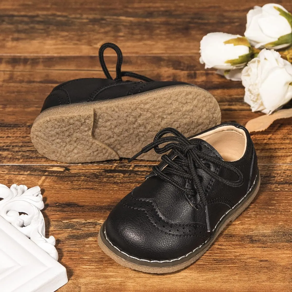 Kannior Boys Girls Oxford PU Leather Shoes Little Kid Wedding Dress Shoes Toddler Lace Up Non-Slip Texture Sole Loafer Flats Classic School Uniform Walking Shoes