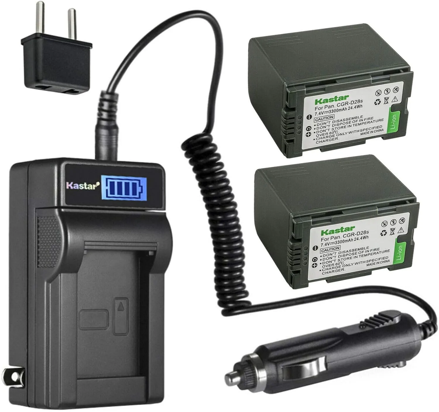 Kastar 2-Pack CGR-D28 Battery and LCD AC Charger Compatible with Panasonic AG-DVX102B, AG-DVX1000, AG-EZ50U, AG-HVX200, NV-C1, NV-C2, NV-C3, NV-C5, NV-C7, NV-D89, NV-DA1, NV-DA1B, NV-DA1EN, NV-DB1