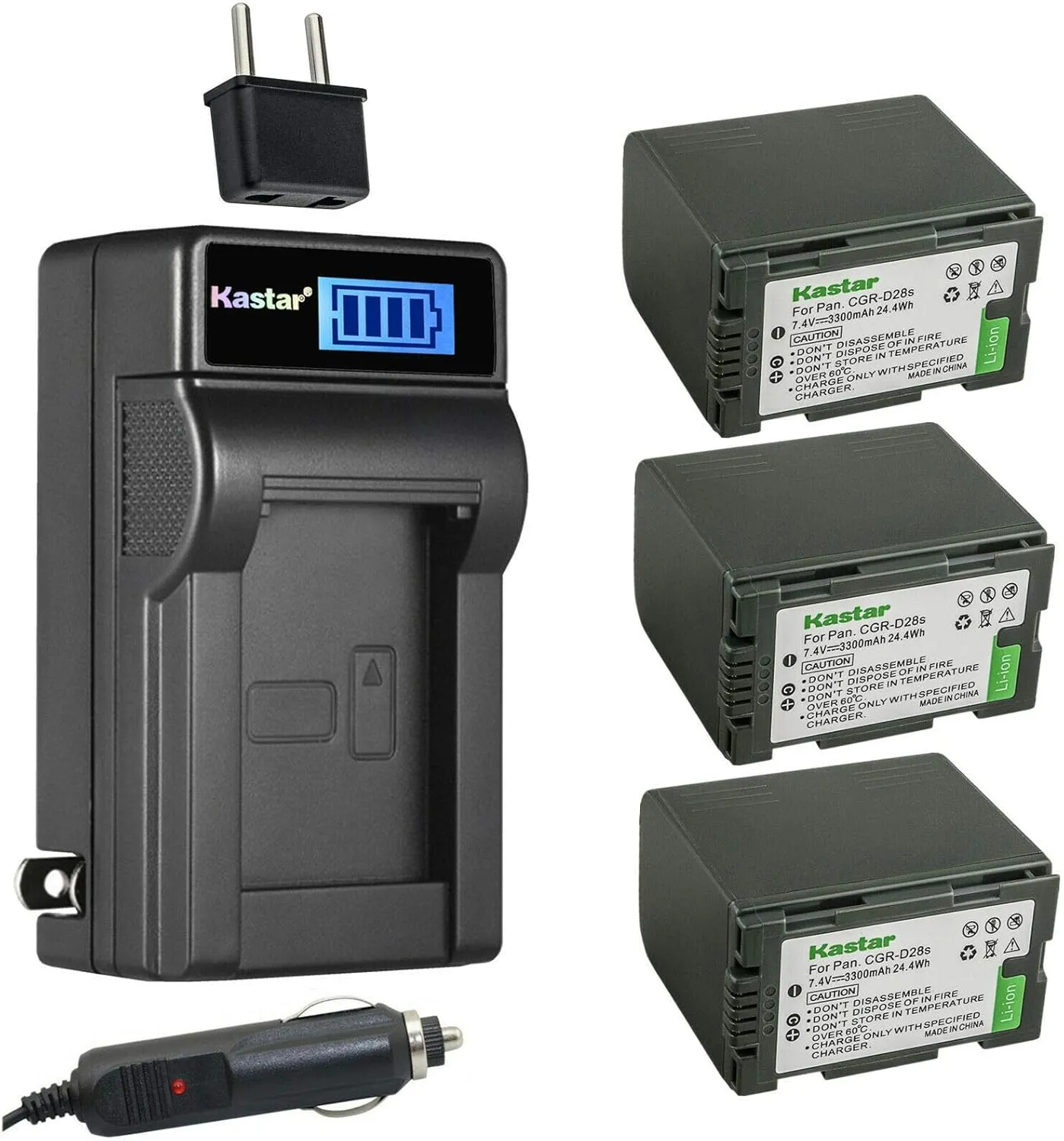 Kastar 3-Pack CGR-D28 Battery and LCD AC Charger Compatible with Panasonic CGR-D120E/1B, CGA-D16, CGA-D16A/1B, CGA-D16R, CGA-D16S, CGA-D16SE/1B, CGA-D220, CGA-D220A/1B, CGA-D220E/1B, CGR-D16 Battery