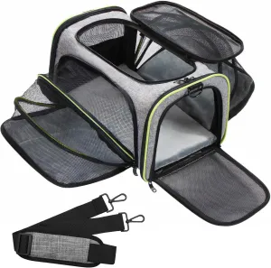 kathson Portable Cat Dog Carrier, Airline Approved 2 Sides Expandable Foldable Soft Sided Pet Travel Carrier, Pet Hand Bag with Removable Pad for Cats/Puppy and Small Animals (Gray with Green Trim)