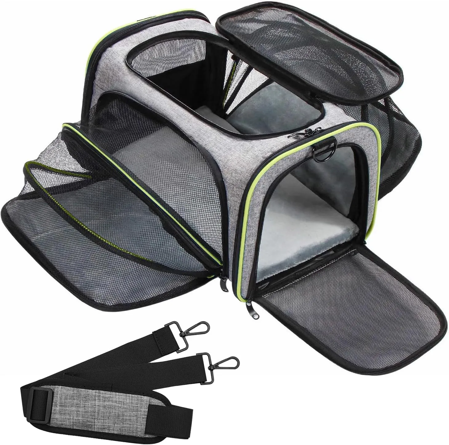 kathson Portable Cat Dog Carrier, Airline Approved 2 Sides Expandable Foldable Soft Sided Pet Travel Carrier, Pet Hand Bag with Removable Pad for Cats/Puppy and Small Animals (Gray with Green Trim)