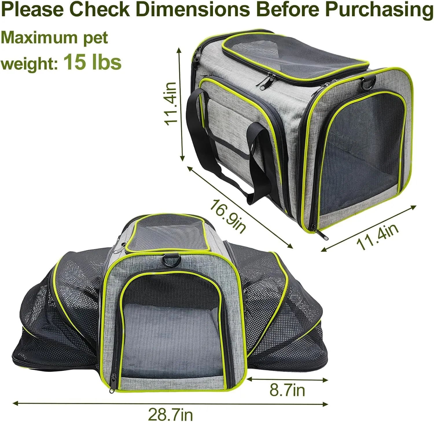 kathson Portable Cat Dog Carrier, Airline Approved 2 Sides Expandable Foldable Soft Sided Pet Travel Carrier, Pet Hand Bag with Removable Pad for Cats/Puppy and Small Animals (Gray with Green Trim)