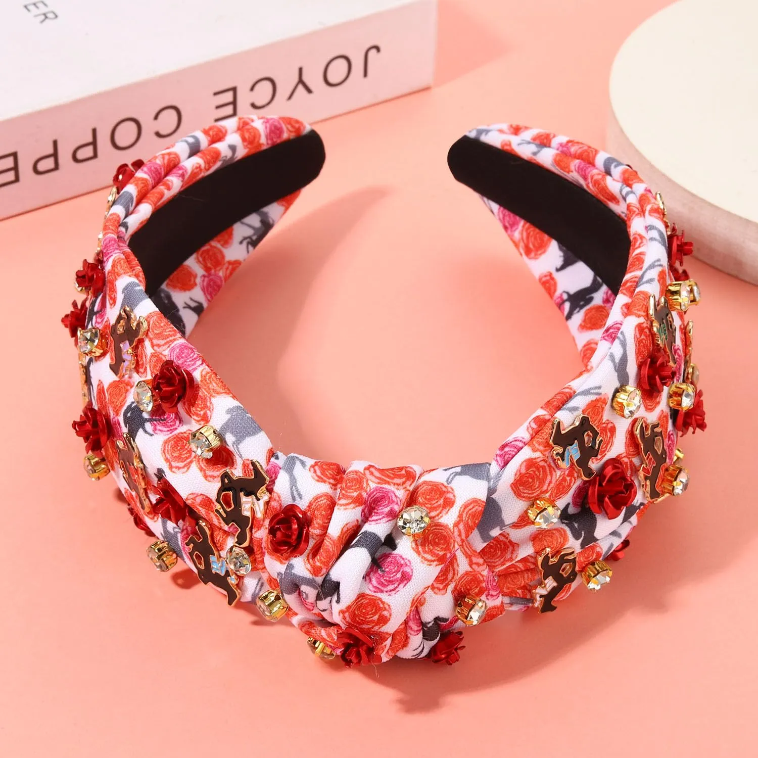 Kentucky Derby Headband Horse Horseshoe Rhinestone Crystal Jeweled Beaded Knotted Headband for Women White Wide Top Knot Twist Head Band Kentucky Derby Hair Accessories Gift
