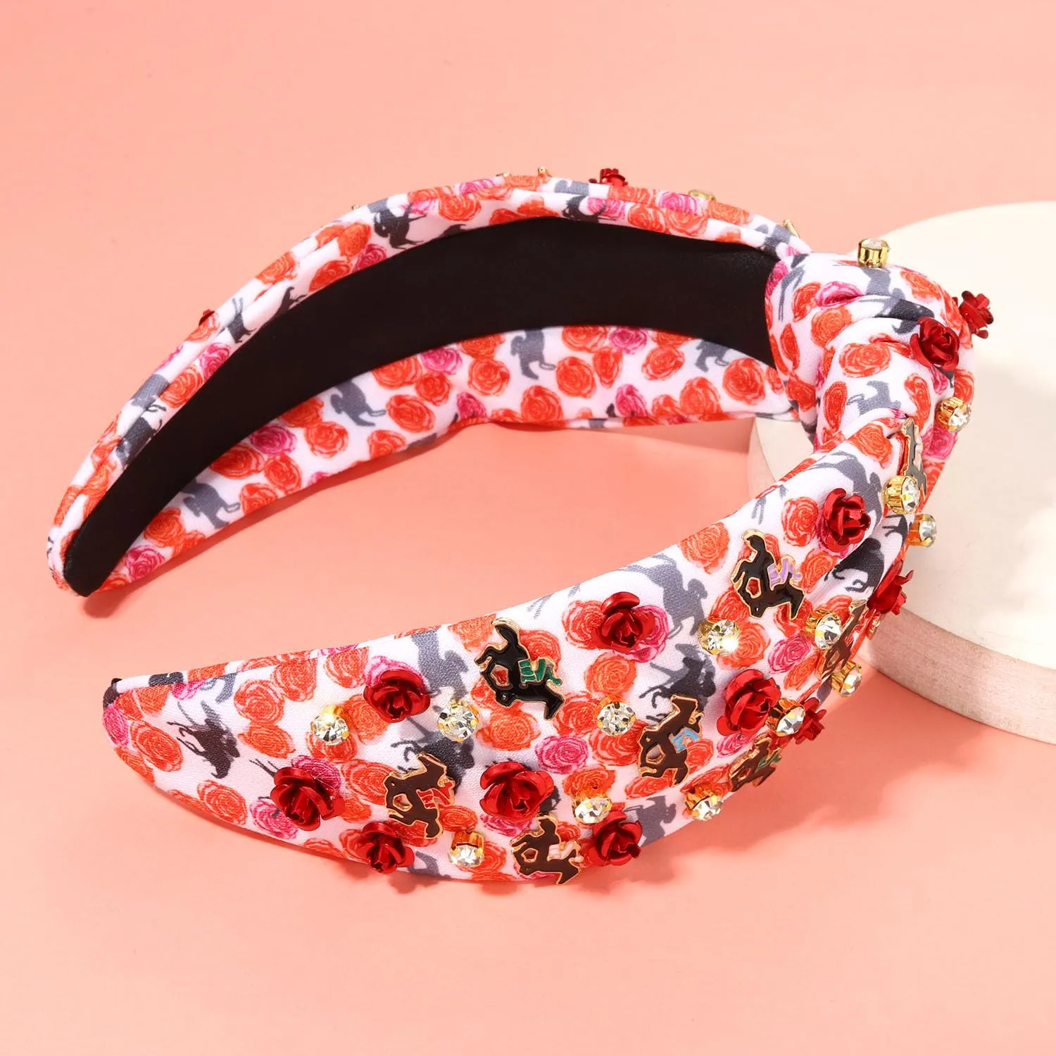 Kentucky Derby Headband Horse Horseshoe Rhinestone Crystal Jeweled Beaded Knotted Headband for Women White Wide Top Knot Twist Head Band Kentucky Derby Hair Accessories Gift