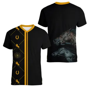 Kentucky Derby Women V Neck T Shirt Luxury Black And Gold LT7
