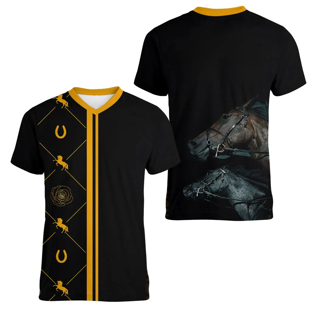 Kentucky Derby Women V Neck T Shirt Luxury Black And Gold LT7