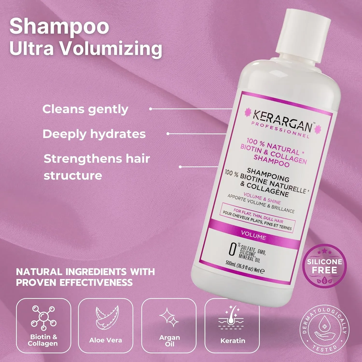 Kerargan Volumizing Shampoo & Hair Mask Duo with Biotin & Collagen - Boosts Radiance & Thickness for Flat, Thin, Dull Hair - Sulfate-, GMO-, Silicone-, Mineral Oil-Free - 2x16.9 Fl oz
