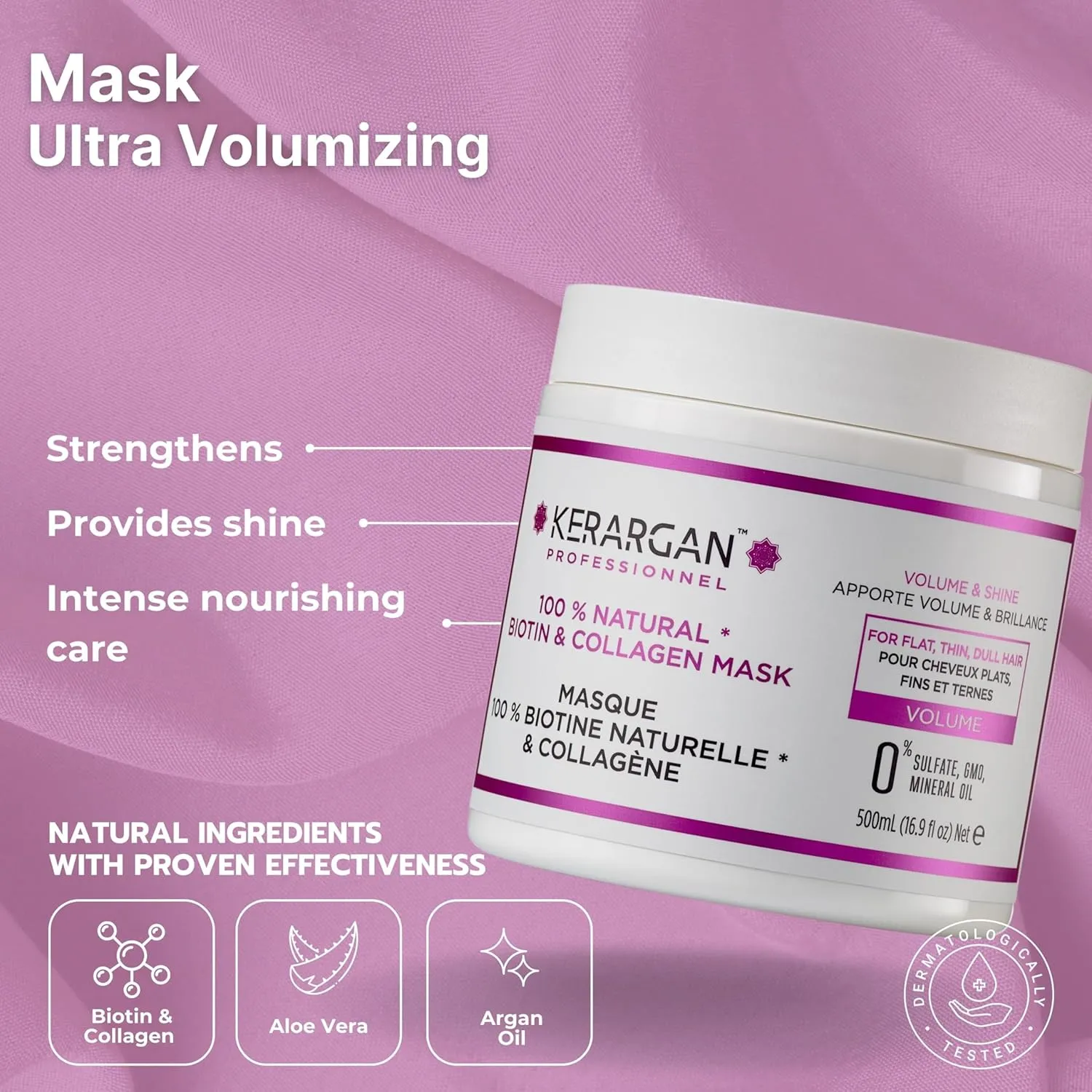 Kerargan Volumizing Shampoo & Hair Mask Duo with Biotin & Collagen - Boosts Radiance & Thickness for Flat, Thin, Dull Hair - Sulfate-, GMO-, Silicone-, Mineral Oil-Free - 2x16.9 Fl oz