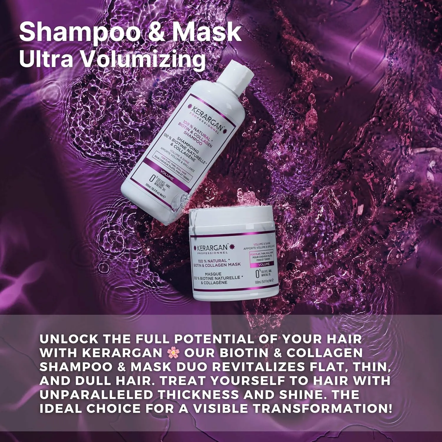 Kerargan Volumizing Shampoo & Hair Mask Duo with Biotin & Collagen - Boosts Radiance & Thickness for Flat, Thin, Dull Hair - Sulfate-, GMO-, Silicone-, Mineral Oil-Free - 2x16.9 Fl oz