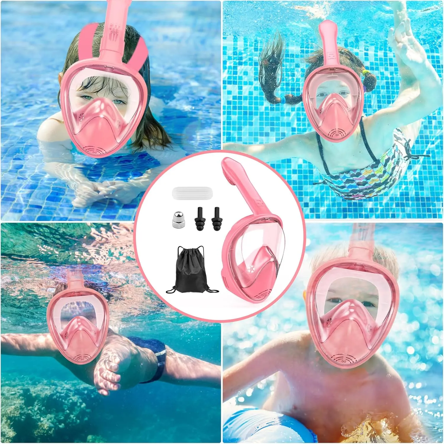 Kids Snorkel Mask Full Face, Snorkeling Gear for Kids 2-14 with Camera Mount, 180 Degree Panoramic View Snorkeling Set Anti-Fog Anti-Leak