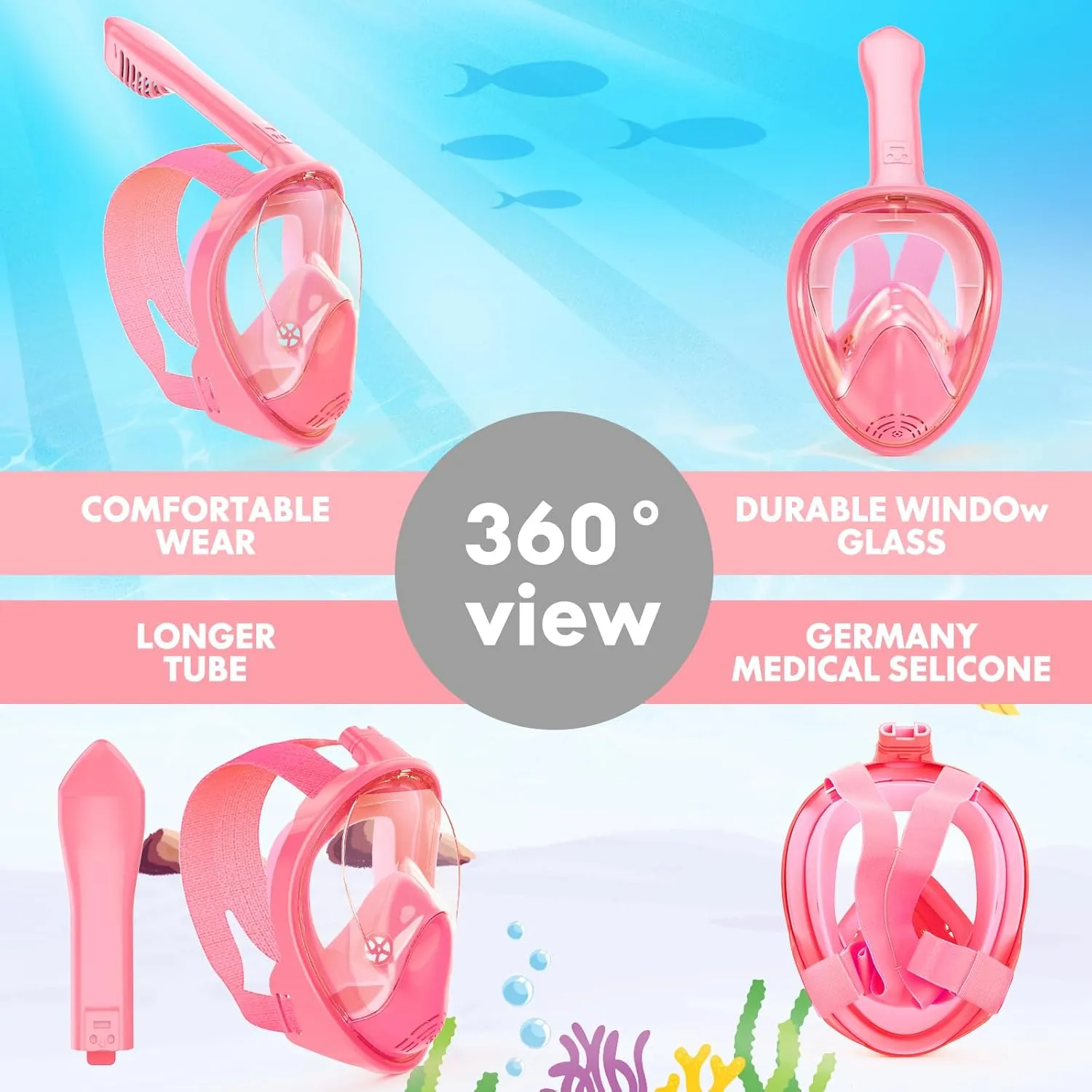 Kids Snorkel Mask Full Face, Snorkeling Gear for Kids 2-14 with Camera Mount, 180 Degree Panoramic View Snorkeling Set Anti-Fog Anti-Leak