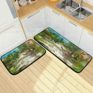Kitchen Rug Mat Dinosaur in The Green Jungle Stream Non-Slip Absorbent Runner Rug for Kitchen Floor,Entryway,Hallway,Laundry,Bathroom and Bedroom