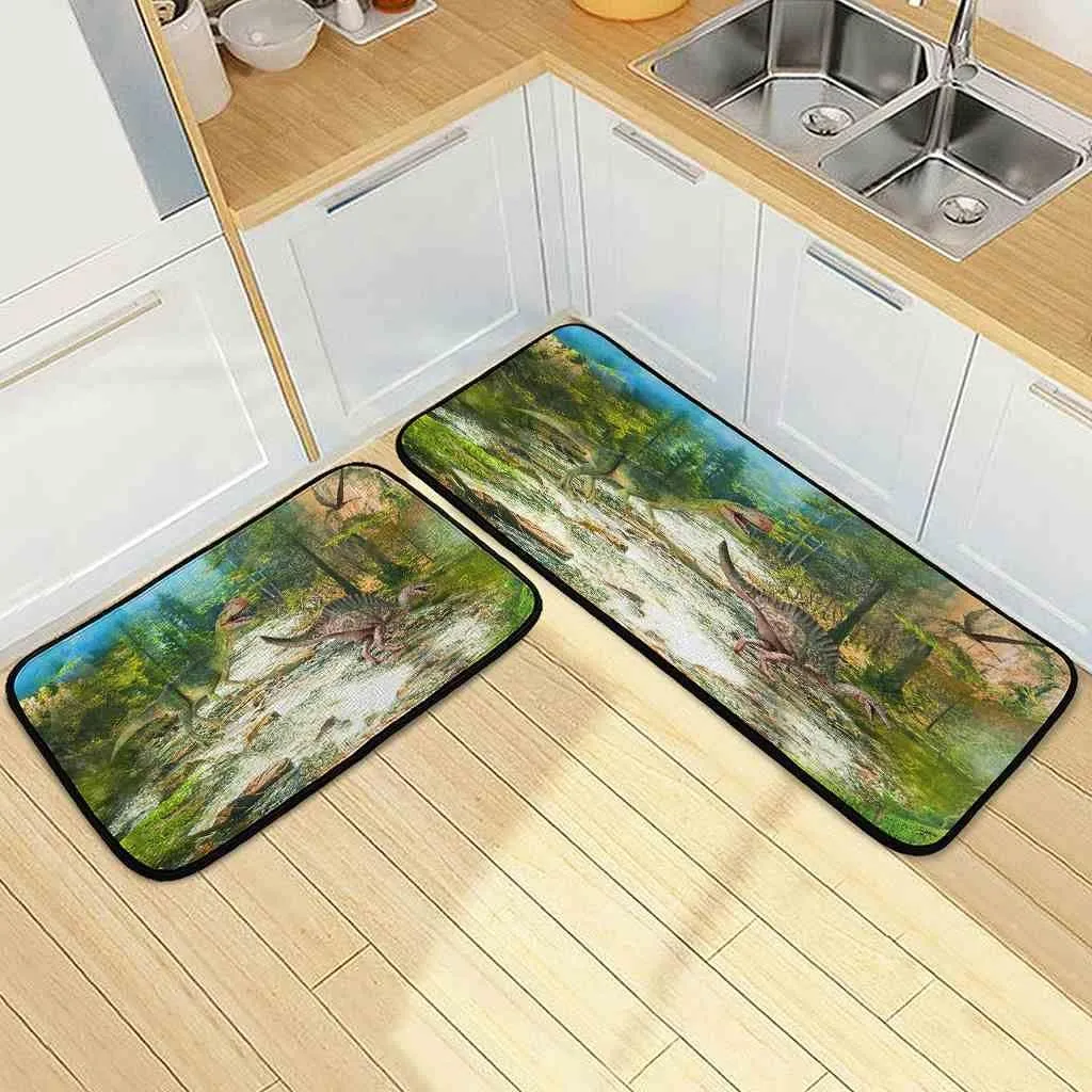 Kitchen Rug Mat Dinosaur in The Green Jungle Stream Non-Slip Absorbent Runner Rug for Kitchen Floor,Entryway,Hallway,Laundry,Bathroom and Bedroom