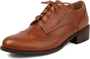 KiutSymo Women's Wingtip Oxford Shoes Lace up Round Toe Oxfords Chunky Heel Vintage Brogue Shoes Office Work Casual