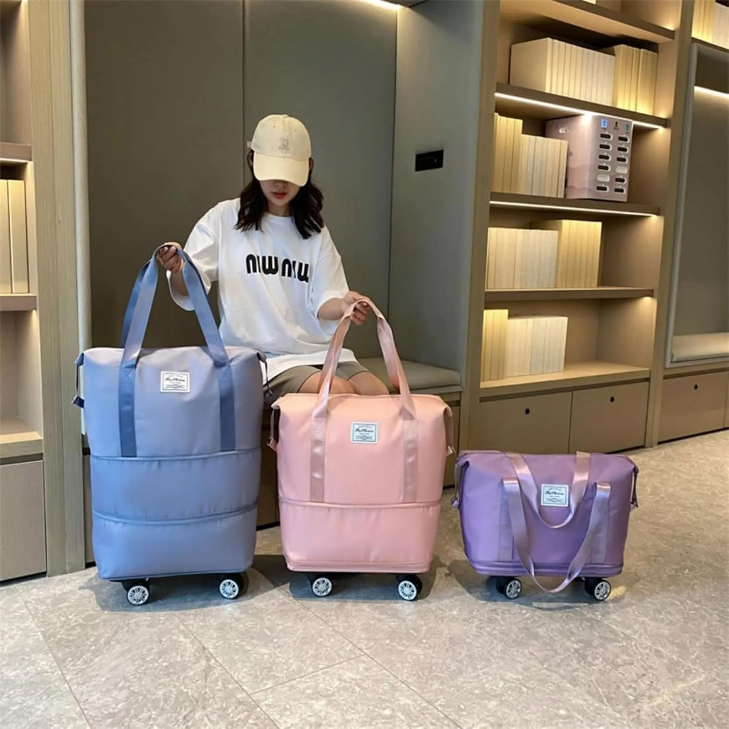 Klarson Expandable Bag, Klarson Expandable Bag with Wheels, Foldable Suitcase without Handle, Waterproof & Wear-Resistant (Pink)