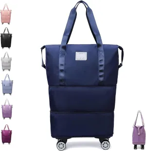 Klarson Expandable Bag with Wheels,Lightweight Durable Rolling Duffle Bag with Wheels,Foldable Suitcase Without Handle with Wheels (Navy blue,One Size)