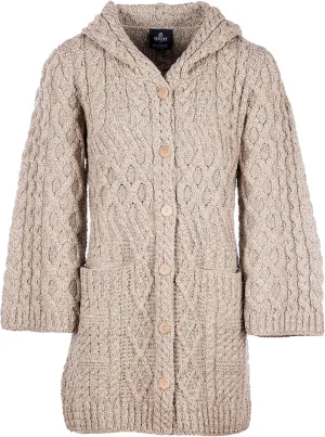 Ladies - Merino Wool - Irish Knit - Buttons Long Cardigan for Women with Hood and Front Pockets Made in Ireland