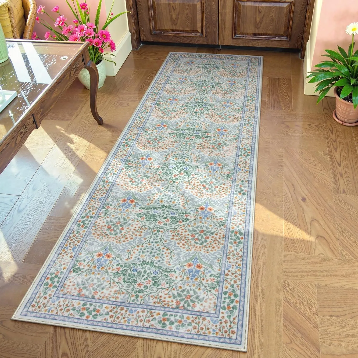 Lahome Floral Washable Kitchen Runner Rug, 2x6 Runners for Hallways Non Slip Ultra-Thin, Boho Soft Hallway Rug Forest Carpet Runners for Bedroom Bathroom Laundry Room, Green