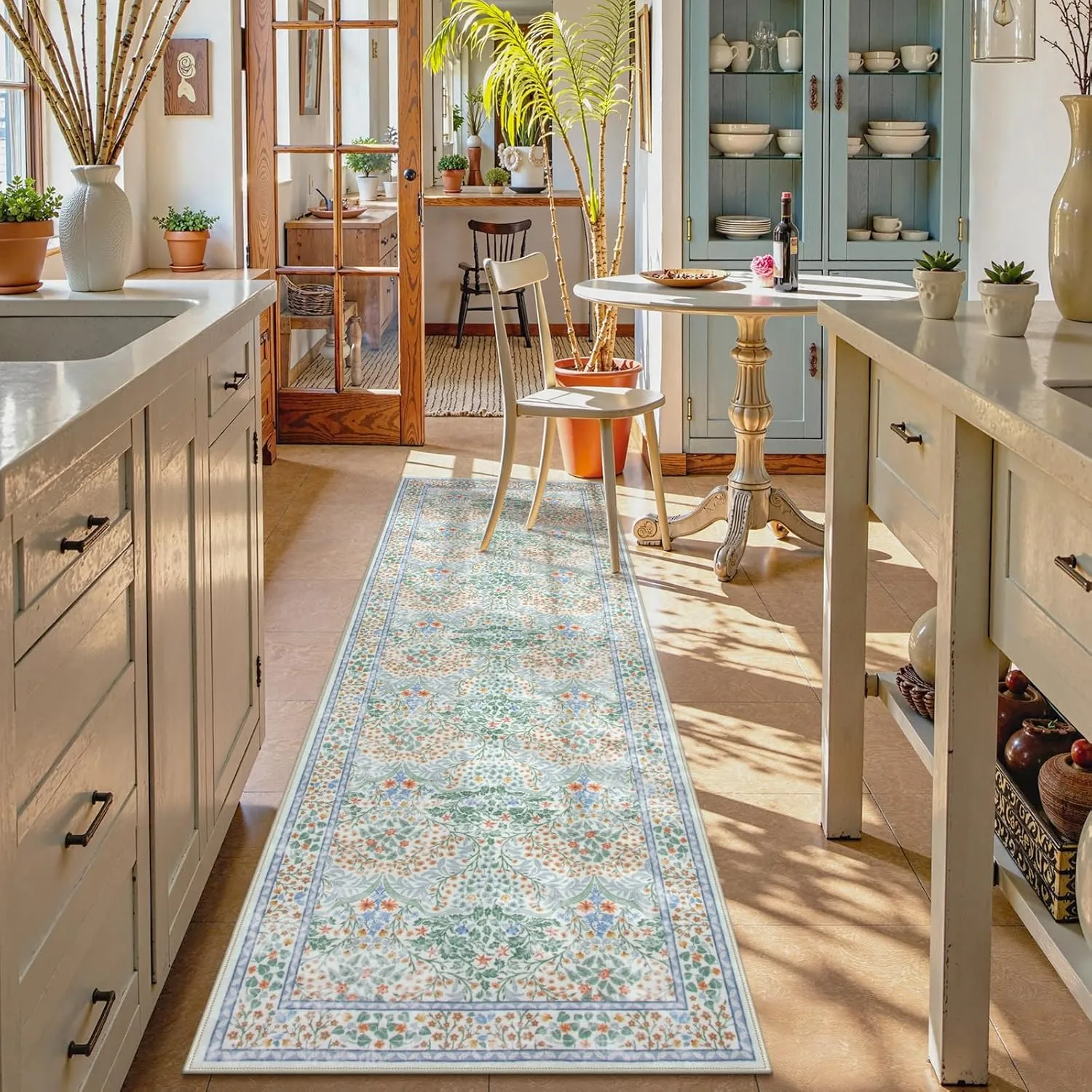 Lahome Floral Washable Kitchen Runner Rug, 2x6 Runners for Hallways Non Slip Ultra-Thin, Boho Soft Hallway Rug Forest Carpet Runners for Bedroom Bathroom Laundry Room, Green