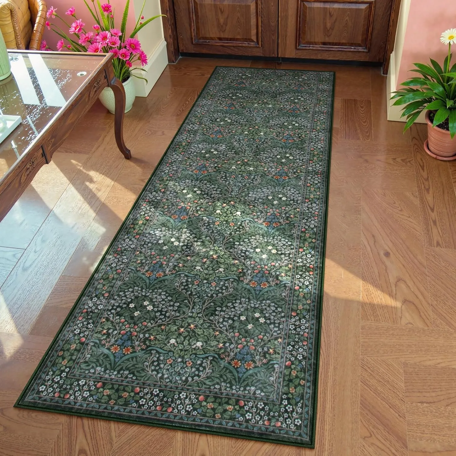 Lahome Floral Washable Runners for Hallways, 2x6 Runner Rug Non Slip Ultra-Thin, Boho Soft Hallway Rug Forest Green Carpet for Kitchen Bedroom Bathroom Laundry Room, Dark Green