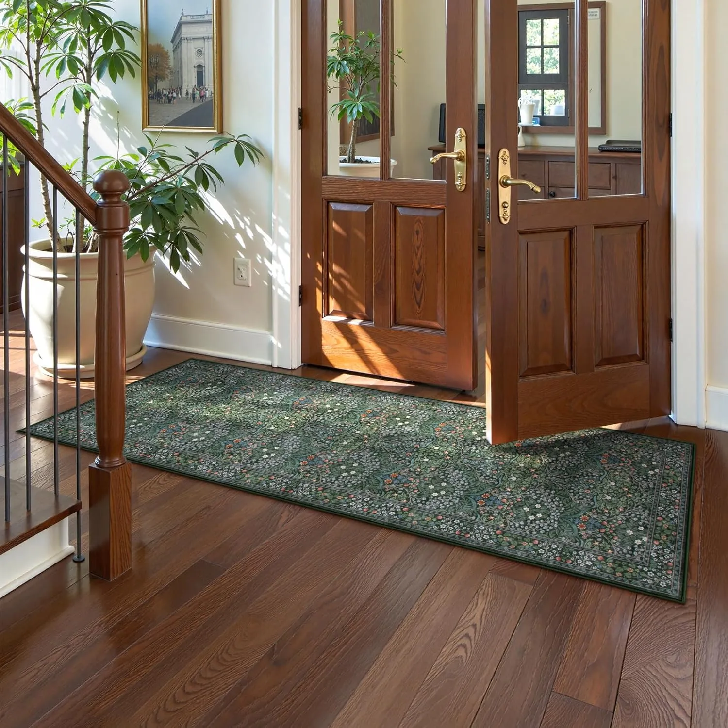 Lahome Floral Washable Runners for Hallways, 2x6 Runner Rug Non Slip Ultra-Thin, Boho Soft Hallway Rug Forest Green Carpet for Kitchen Bedroom Bathroom Laundry Room, Dark Green