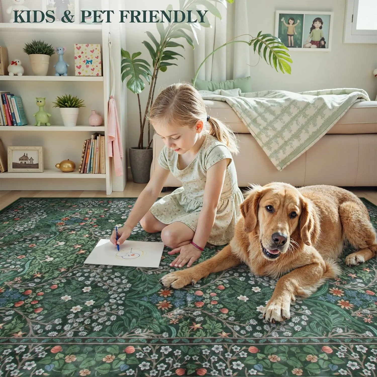 Lahome Floral Washable Runners for Hallways, 2x6 Runner Rug Non Slip Ultra-Thin, Boho Soft Hallway Rug Forest Green Carpet for Kitchen Bedroom Bathroom Laundry Room, Dark Green