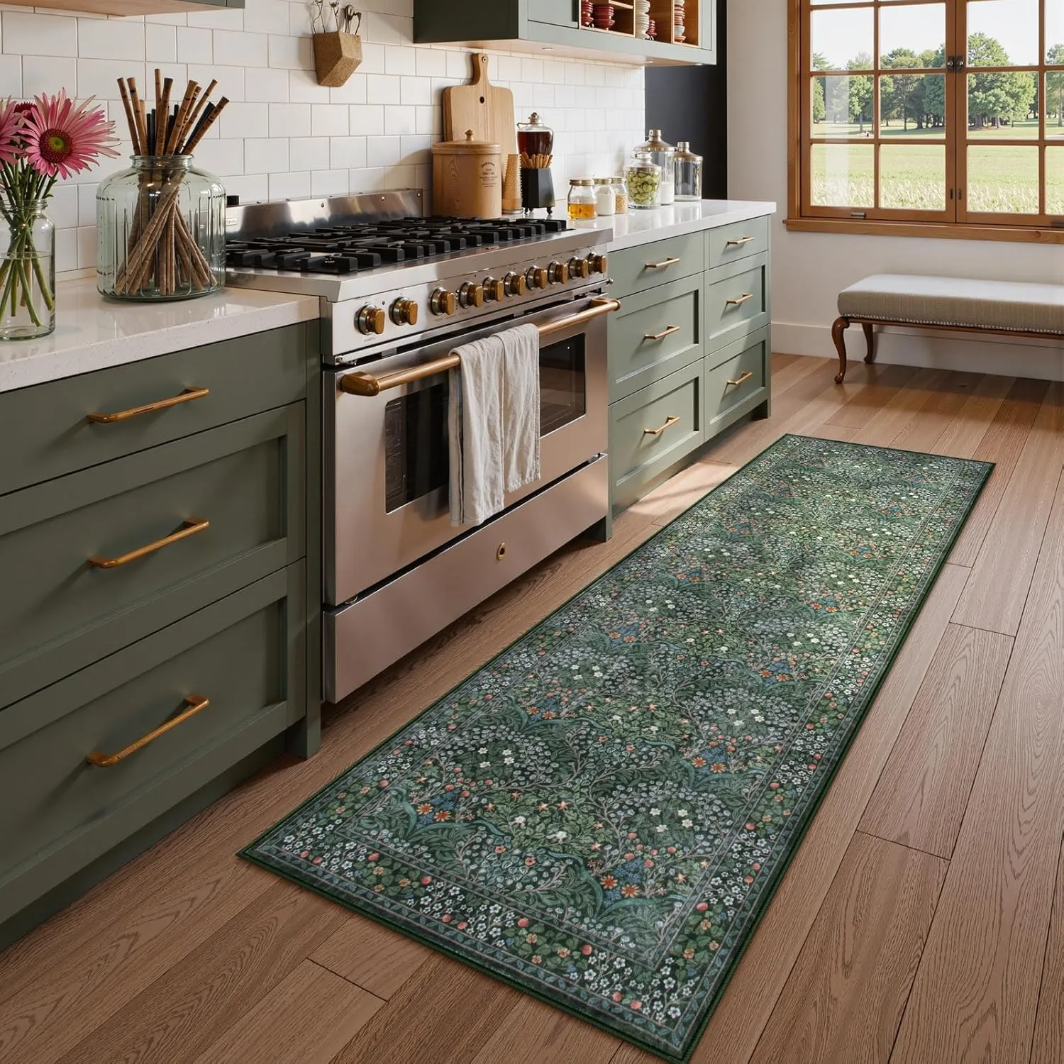 Lahome Floral Washable Runners for Hallways, 2x6 Runner Rug Non Slip Ultra-Thin, Boho Soft Hallway Rug Forest Green Carpet for Kitchen Bedroom Bathroom Laundry Room, Dark Green