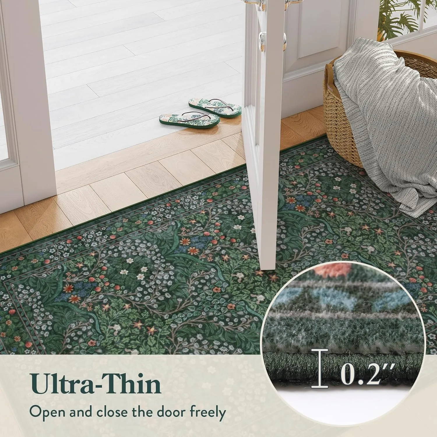 Lahome Floral Washable Runners for Hallways, 2x6 Runner Rug Non Slip Ultra-Thin, Boho Soft Hallway Rug Forest Green Carpet for Kitchen Bedroom Bathroom Laundry Room, Dark Green