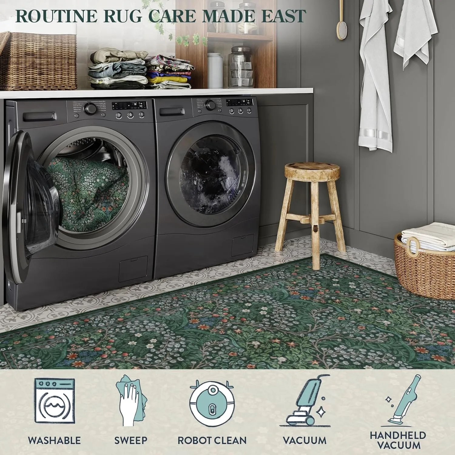 Lahome Floral Washable Runners for Hallways, 2x6 Runner Rug Non Slip Ultra-Thin, Boho Soft Hallway Rug Forest Green Carpet for Kitchen Bedroom Bathroom Laundry Room, Dark Green
