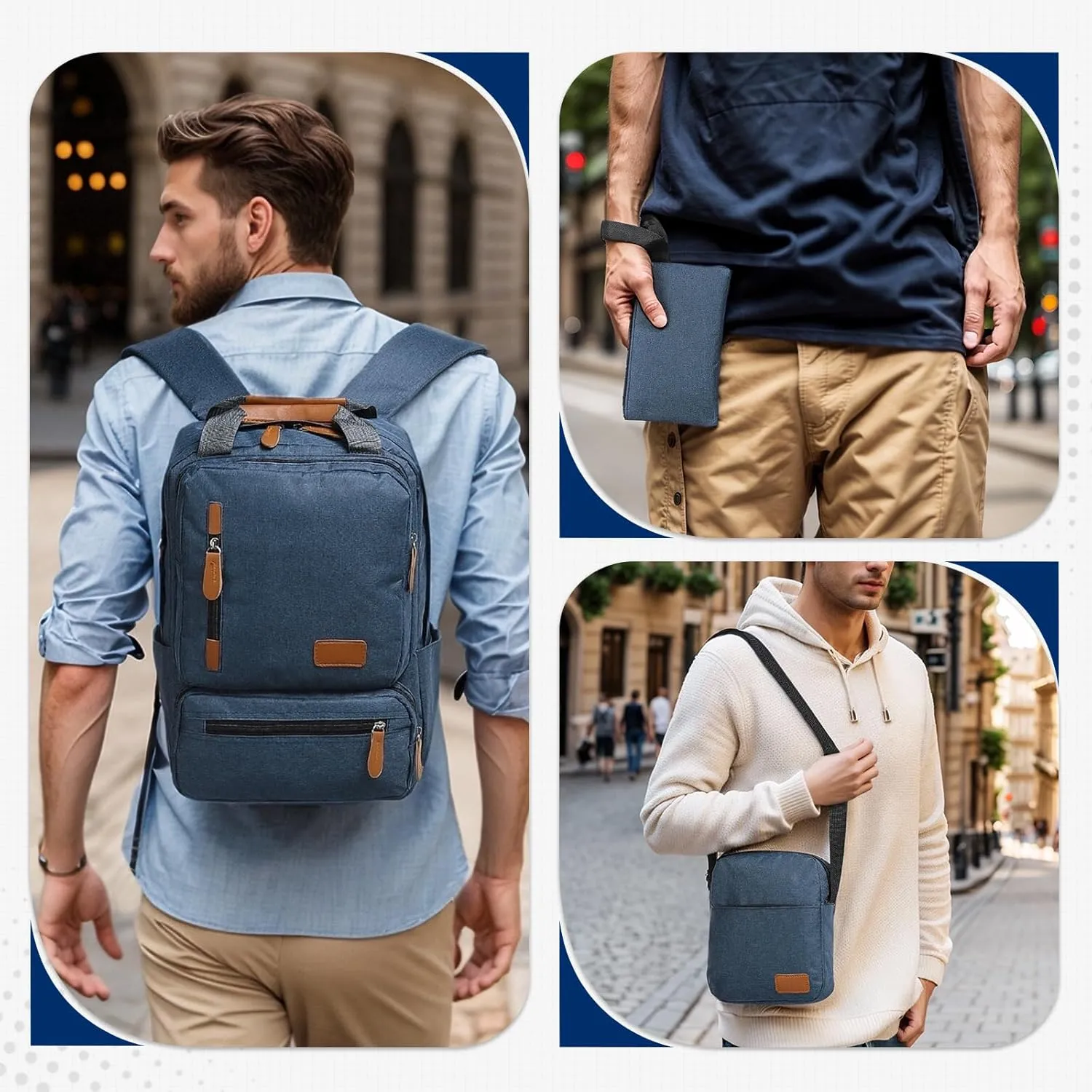 Laptop Backpack, Crossbody Bag, Handbag, Backpack Set - 3-in-1 Combo, Oxford Cloth Water Resistant for Men Women for Travel Work Study Daily Use, Blue